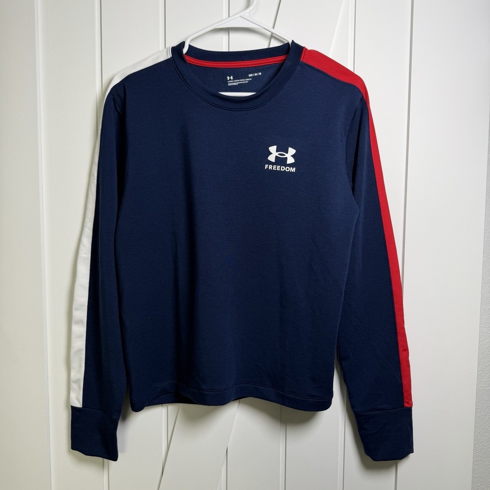 Under Armour Women's Freedom Rival Terry Crew T-shirt Size M Blue Red White